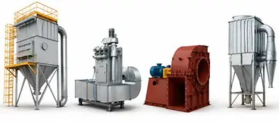 Equipamentos Exaustec para exaustão e despoeiramento industrial, incluindo filtro de manga, filtro compacto, ventilador industrial e ciclone