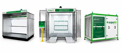 Equipamentos SuperAr para pintura industrial e tratamento do ar, incluindo cabines de pintura e módulo de abastecimento de ar