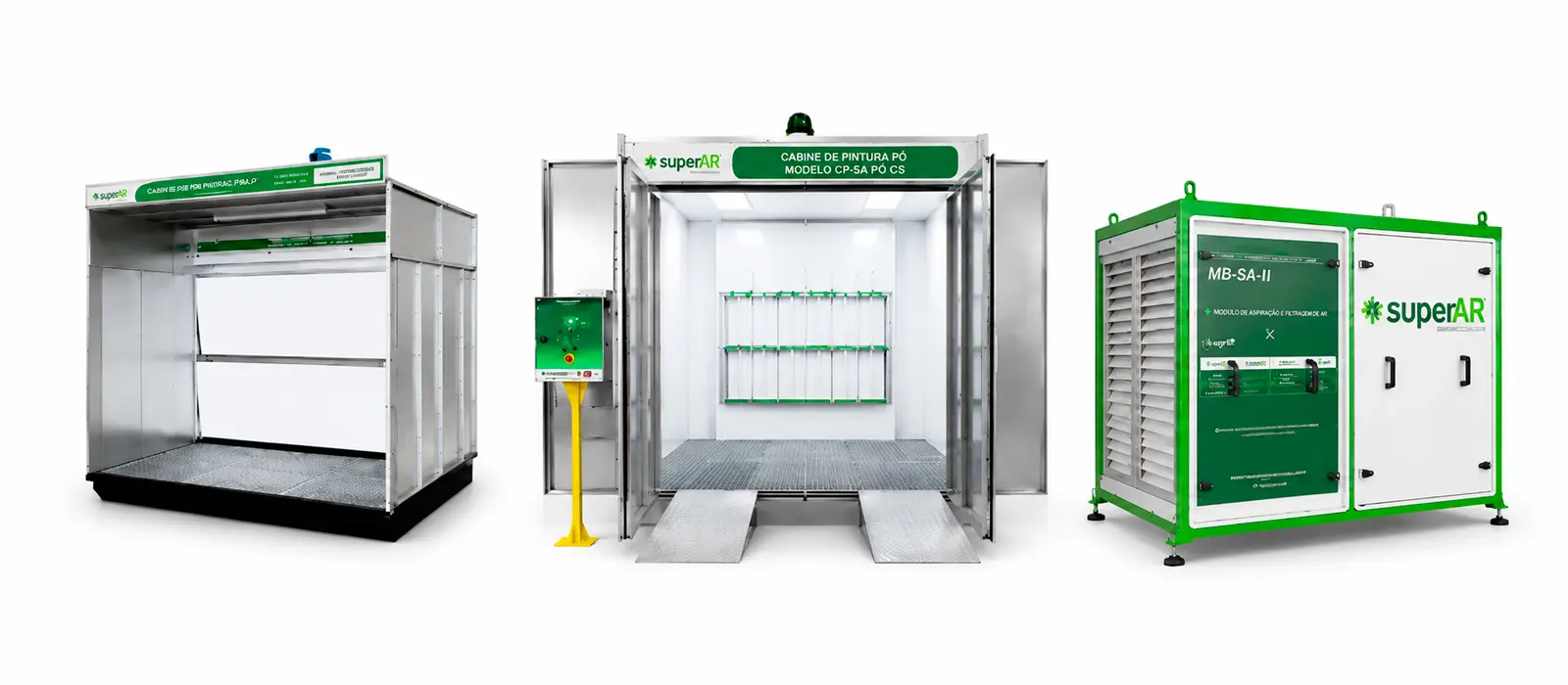 Equipamentos SuperAr para pintura industrial e tratamento do ar, incluindo cabines de pintura e módulo de abastecimento de ar